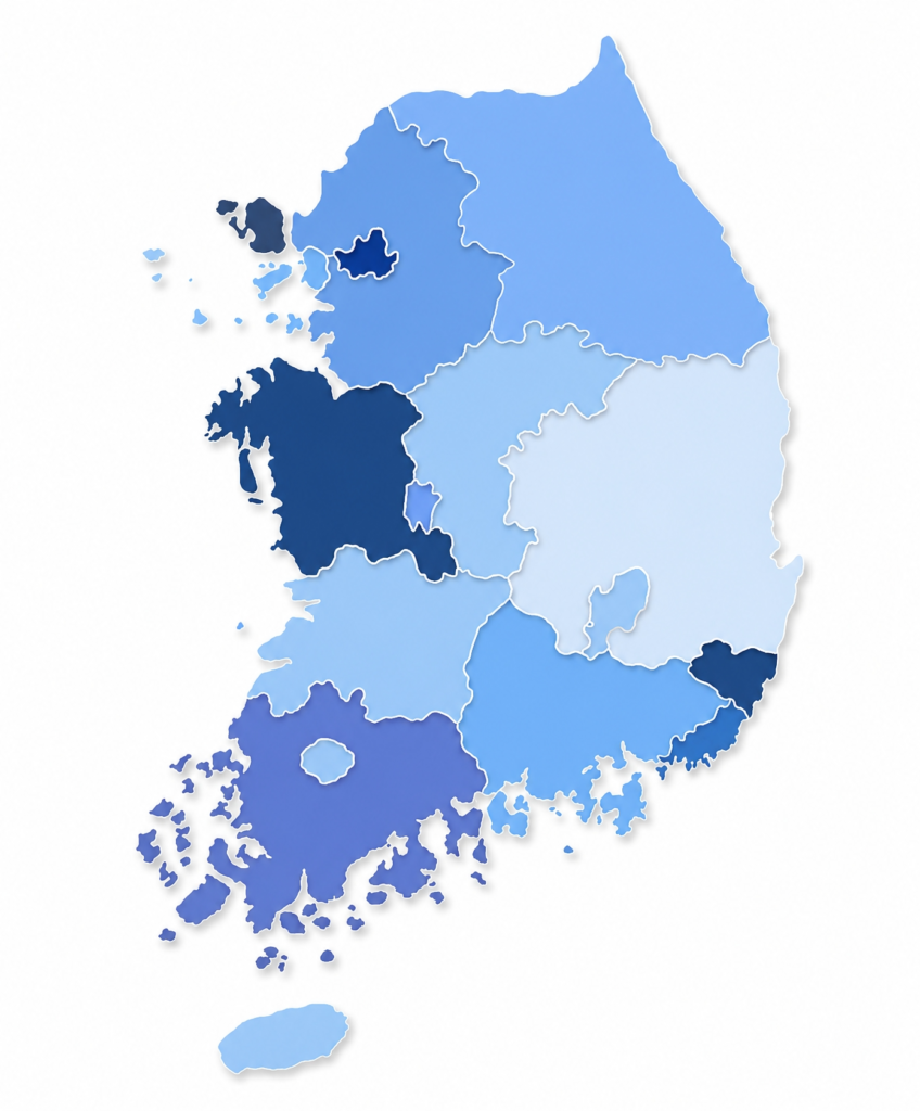 韓国の行政区域と地方都市を示す地図
