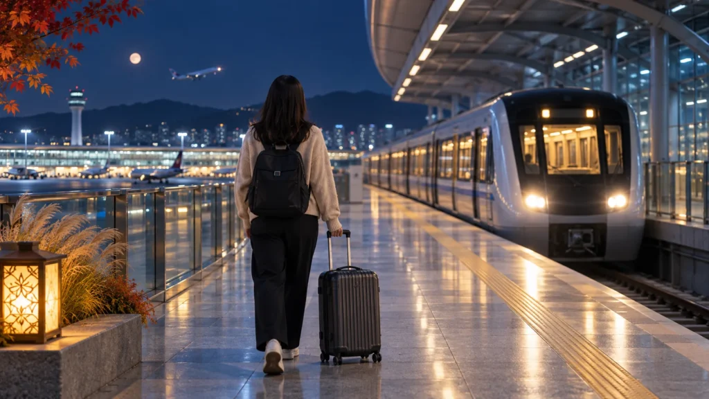 夜の空港鉄道ホームでスーツケースを持ち列車を待つ旅行者のイメージ