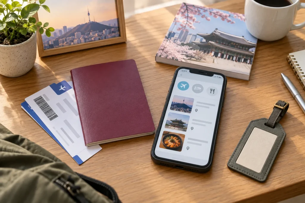 韓国旅行前にパスポートとスマートフォンで入国手続きを確認するイメージ