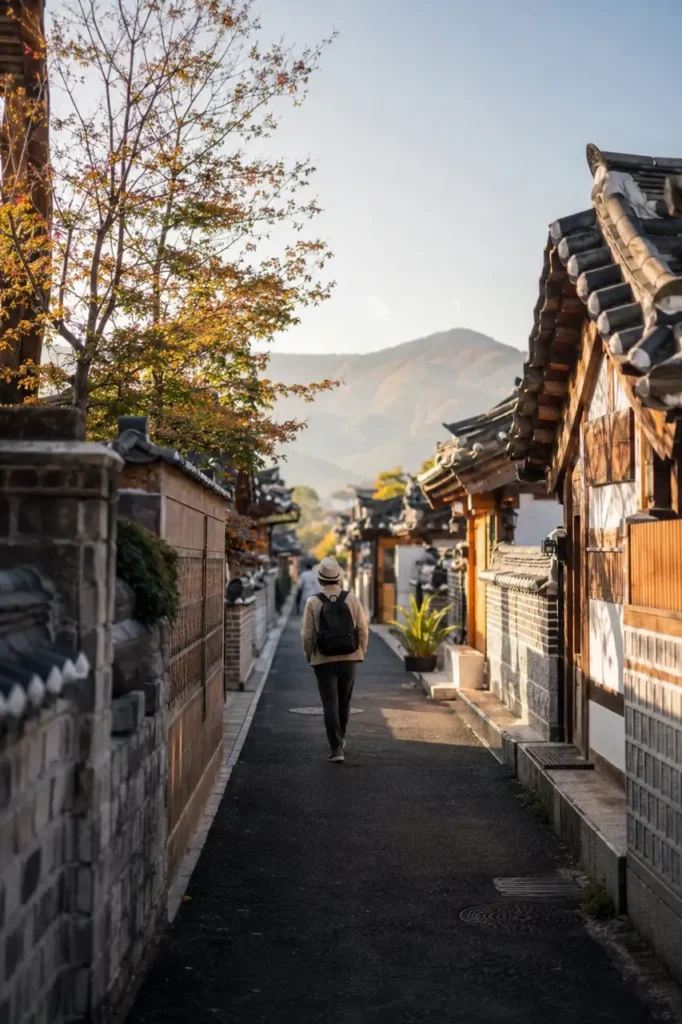 A quiet early-autumn neighborhood street near Hwangnidan-gil in Gyeongju with traditional low rooftops.