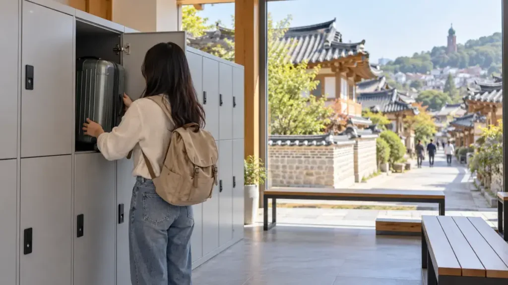 全州韓屋村の散策前に旅行者ラウンジでキャリーケースを預ける旅行者の編集用イメージ