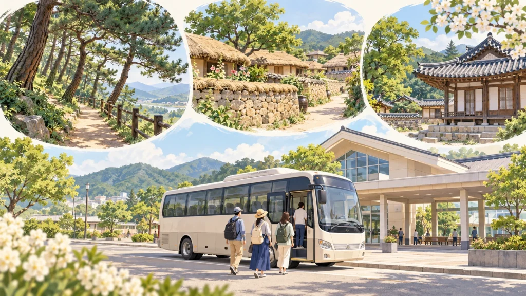牙山の日曜シティツアーを表す説明用AIイラスト。駅のツアーバスと、松林の小径、石垣の村、古い家屋を描いた概念図で、現地写真ではありません。