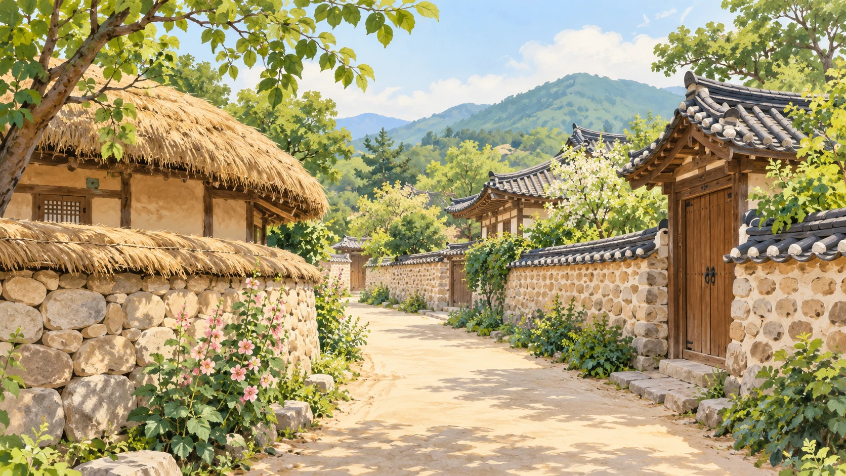 石垣と伝統家屋のある韓国の村を描いた説明用AIイラスト。外岩民俗村の現地写真ではありません。