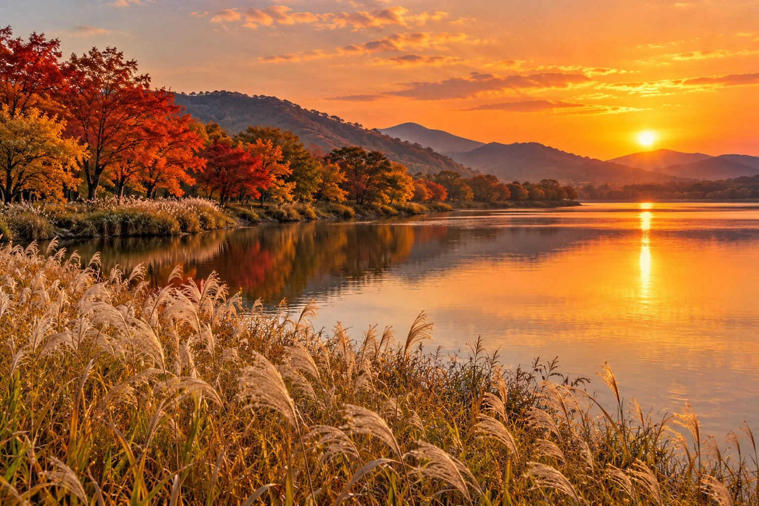 秋の夕暮れの川辺と葦を表現したAI生成概念画像