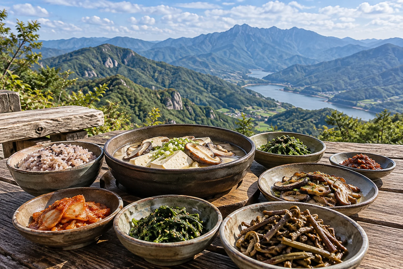 豆腐、シイタケ、ワラビを素朴な器に配した韓国高原の食をイメージするAI概念画像