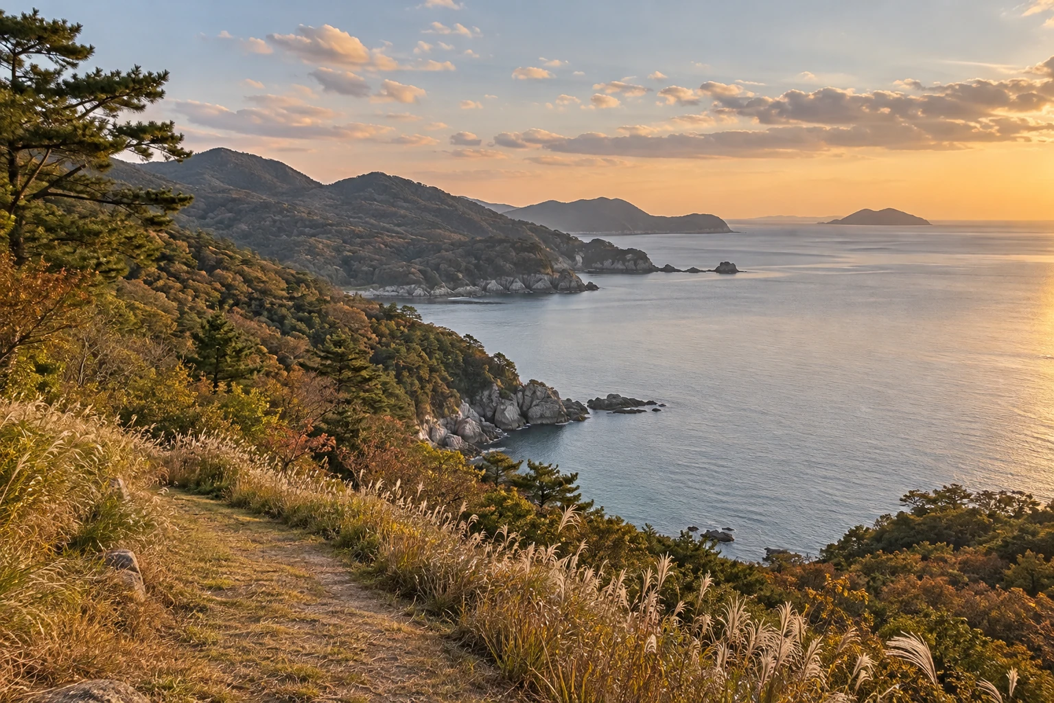 草の海岸道から穏やかな湾と木々の茂る丘を望む架空の韓国沿岸の概念画像