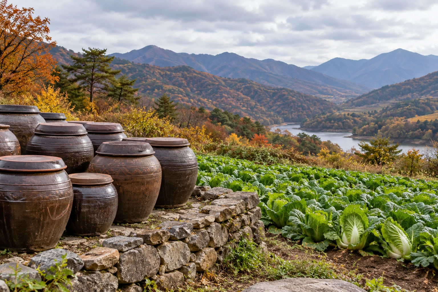 白菜畑のそばに甕が並び、遠くに秋の山並みが見える架空の韓国農村風景