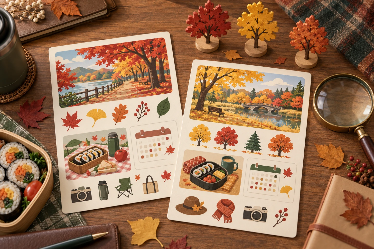 絵入りの情報カードを虫眼鏡で照合する秋の旅行準備のイラスト