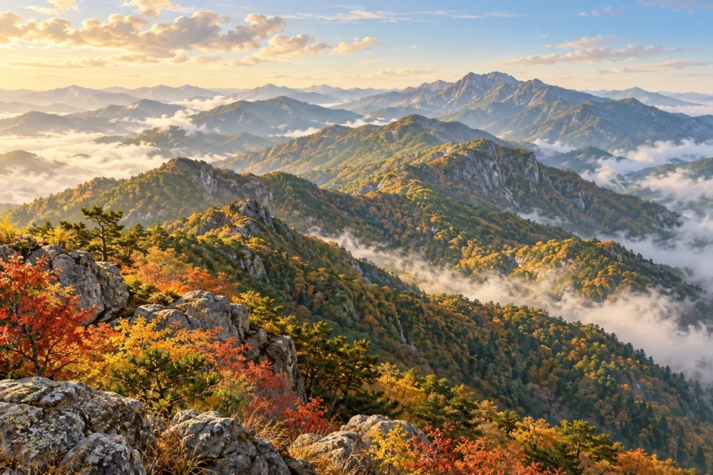 韓国南部の秋の山並みをイメージした概念イラスト
