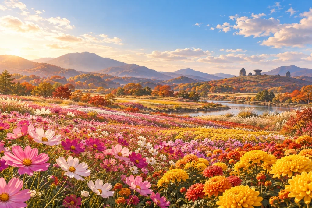 秋の花畑と抽象的な石の造形を描いた概念イラスト