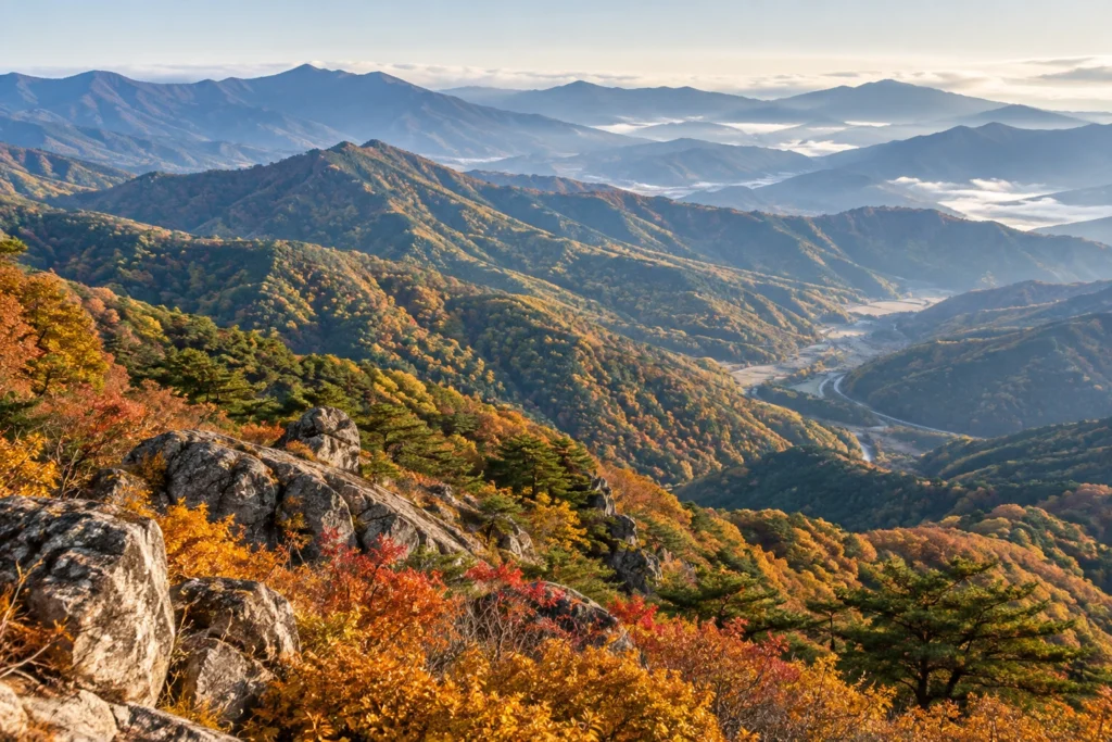 韓国の山間地域を想像した秋の稜線と谷間の道路の概念風景