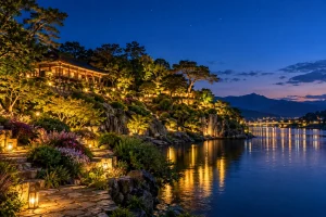 薄暮の川面に暖かな光が映る、架空の韓国の斜面庭園のAI概念画像