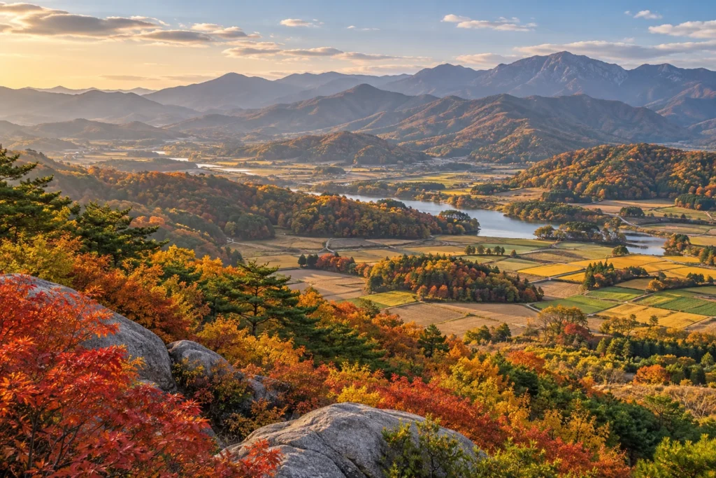 低い山並みと畑が広がる韓国高原をイメージしたAI概念画像