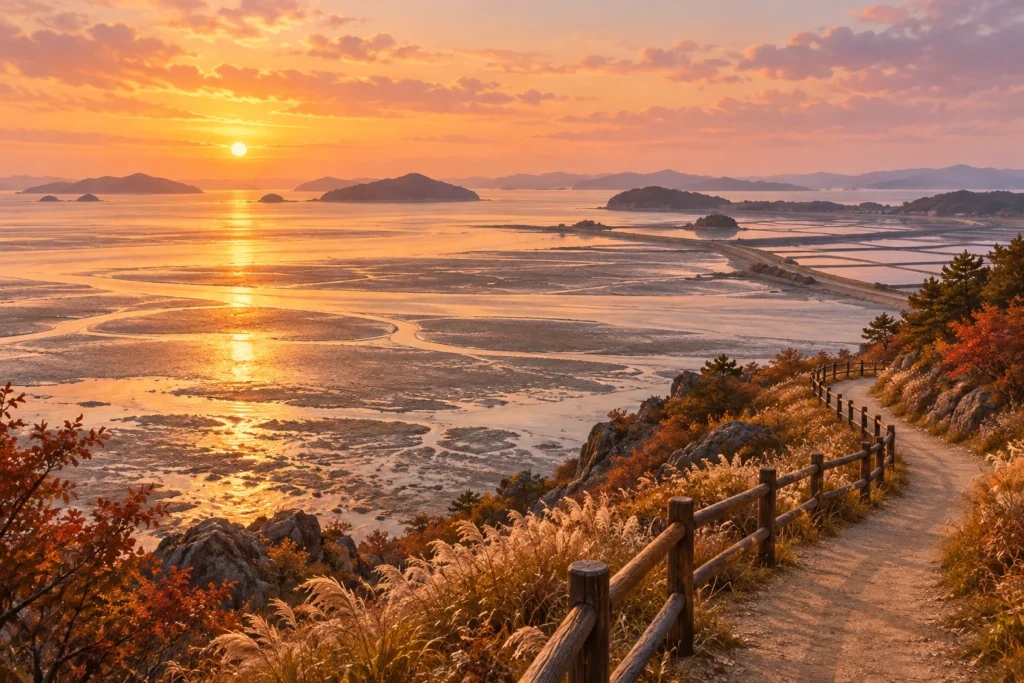 夕暮れの干潟と海岸沿いの遊歩道を描いた概念イラスト